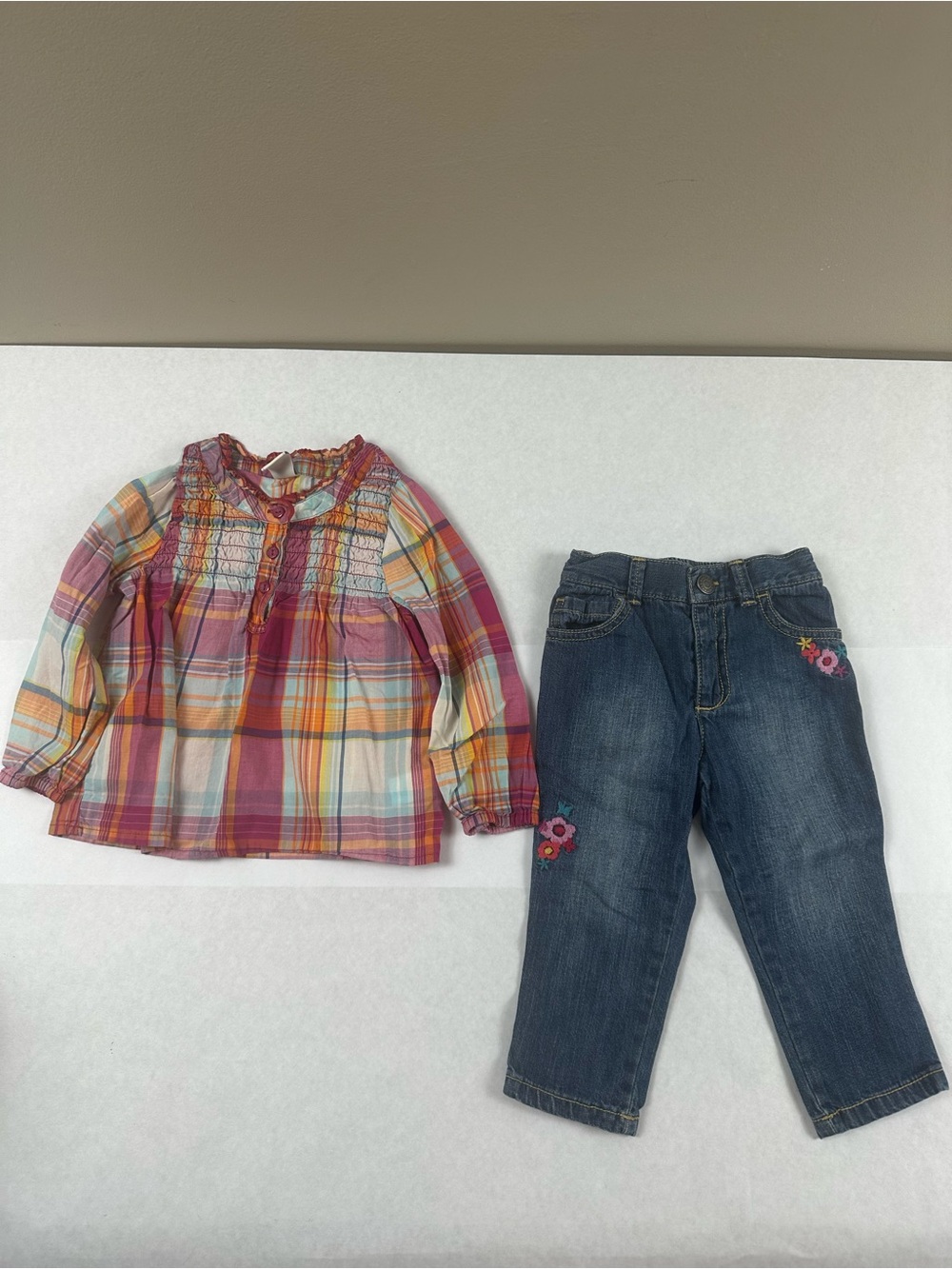 Old Navy Pink Orange Yellow Plaid Smocked Top & Embroidered Denim Jeans Set